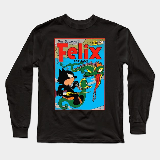 Felix the Cat Fights a Sea Dragon 1940s Original Comic Book Cover Long Sleeve T-Shirt by VogueTime